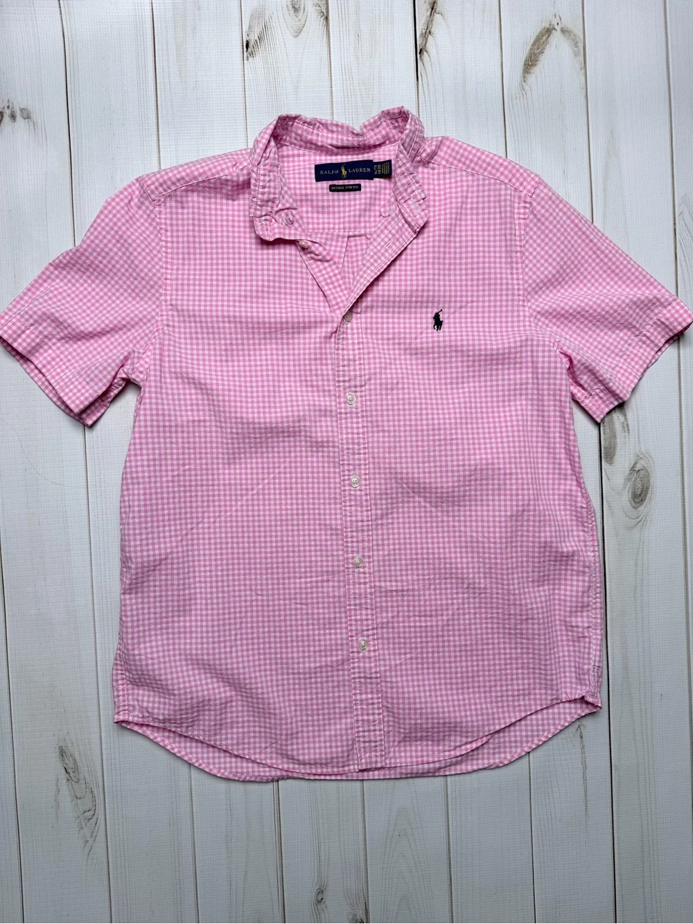 Ralph Lauren Pink Gingham Short-Sleeve Button-Down Shirt with Navy Pony